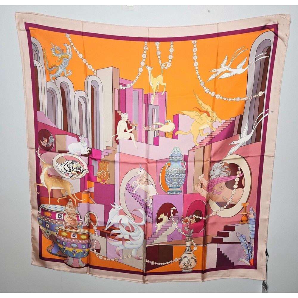 SAINTJOY 100% Silk Scarf Large Square 35" x 35" Futuristic Fantasy Animals NWT